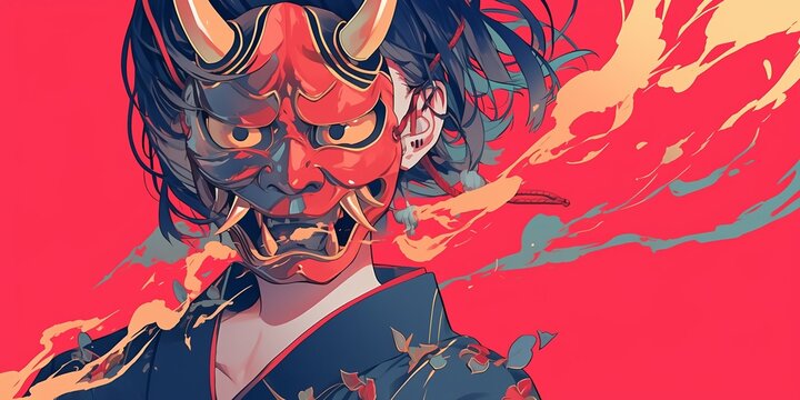 Japanese oni mask young woman girl looking at the camera on simply colorful background, anime illustration, copy space.