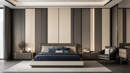 A stylish bedroom design showcases black and grey elements, modern furniture, a marble wall, and greenery for a sophisticated masculine aesthetic