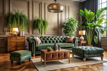 Elegant living room features a plush sofa, lush greenery, velvet pouf, and rustic wooden dresser, blending comfort and sophistication in a harmonious atmosphere.
