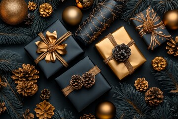 Elegant Christmas gift boxes with gold and black wrapping, adorned with pinecones and lights, creating a festive holiday atmosphere.