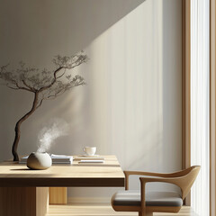 Elegant Nordic Home Office with Modern Pot Tree and Coffee