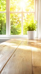 A bright and airy scene featuring a wooden table, sunlight pouring through a window, and a green plant in a white pot.