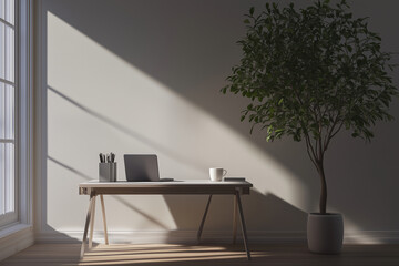 Elegant Nordic Home Office with Modern Pot Tree and Coffee