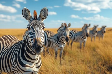 A zebra stands out in a sunlit grassland with a backdrop of more zebras grazing, capturing the essence of African wildlife in its natural habitat.