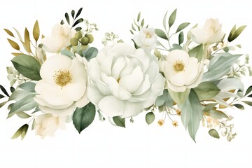 Watercolour bouquet of white roses and other white flowers with green leaves and stems against a white background
