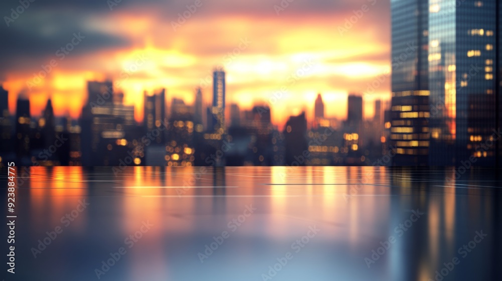 Aufkleber billboard background featuring a metallic, reflective surface with a city skyline and sunset sky, of