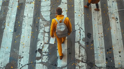 Top view of a businessman walking past a zebra crossing holding a bag and documents in his hands, busyness and activity of one of the pedestrians