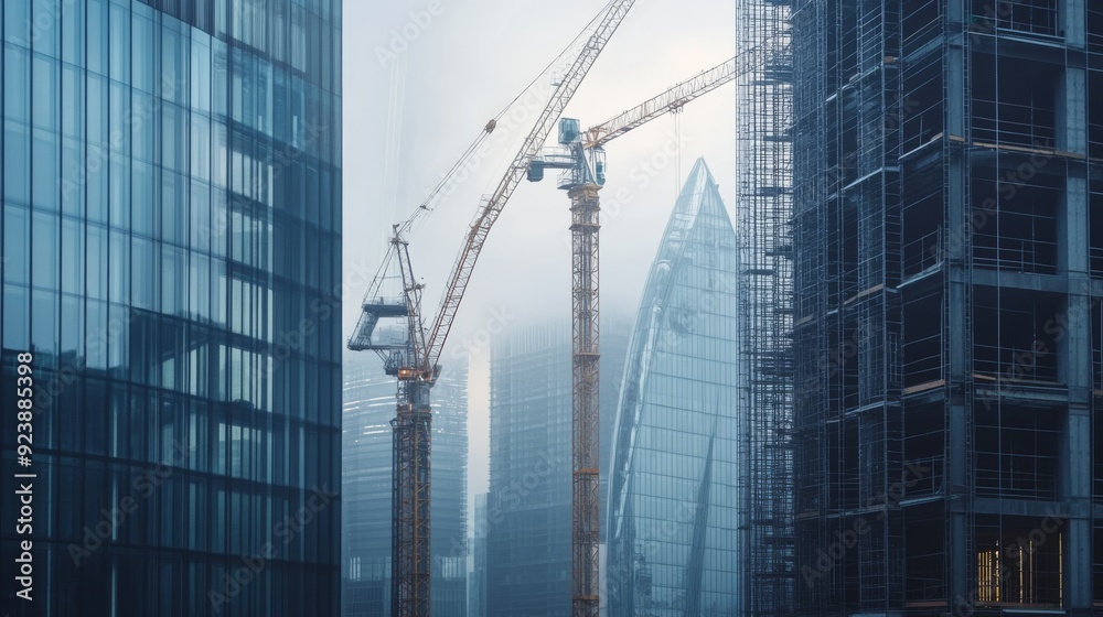 Poster modern skyscraper construction site with cranes and scaffolding