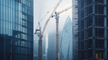 Modern skyscraper construction site with cranes and scaffolding