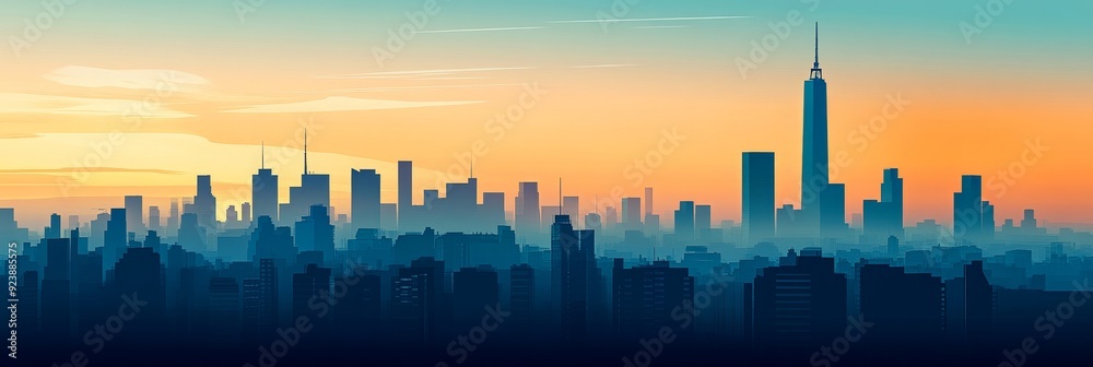 Wall mural Stunning Cityscape at Sunset with Skyline Silhouettes - A captivating cityscape at sunset with silhouettes of tall buildings against a vibrant orange and blue sky, symbolizing urban life, dreams, aspi