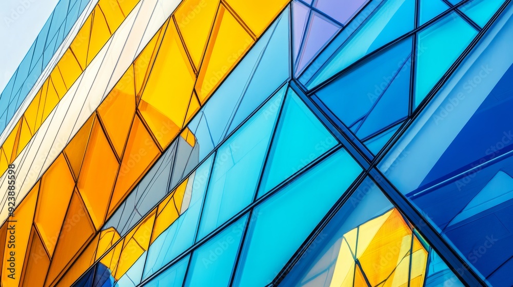 Poster new office structure with a sleek, reflective exterior and a dynamic geometric pattern.