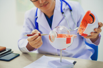 An ophthalmologist explains eye diseases using an eye model at an examination table in a hospital...