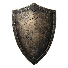 Old medieval shield with scratches, rustic texture, isolated on white background, perfect for historical or fantasy themed projects.