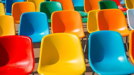 Naklejka premium Rows of empty plastic chairs with vivid colors geometrically arranged under the sun. Texture and background. Copy space