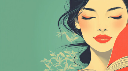 
A photo portrait illustration art style retro Asian woman with a smile, on the vibrant color background
