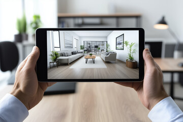 Virtual Tour of a Modern Living Room on a Tablet
