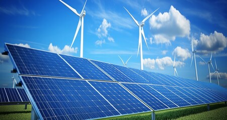 Solar panels and wind turbines on a sunny day in a green field