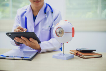 An ophthalmologist explains eye diseases using an eye model at an examination table in a hospital...