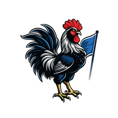 A striking and bold design for a black t-shirt featuring a rooster with a blue flag.