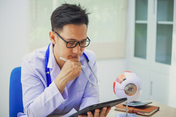 An ophthalmologist explains eye diseases using an eye model at an examination table in a hospital...