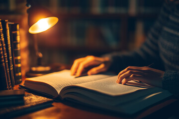 Reading at Night Under a Lamp