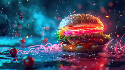 A Juicy Burger with Neon Lights and Smoke