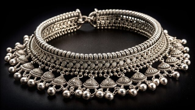 Intricately designed traditional Indian silver anklets with bells and filigree patterns sparkle against a sleek black background, evoking elegance and cultural heritage.