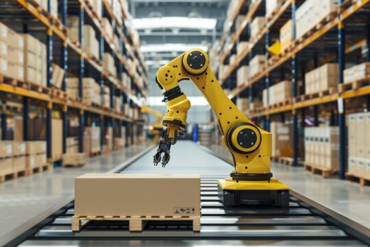 Automated warehouse with yellow robotic arm handling boxes. Modern industrial environment with box on conveyor. Efficient and precise automated process. Generative AI