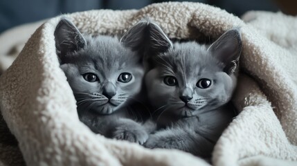 Sweet Russian Blue kittens with their soft, dense fur, lounging in a cozy blanket