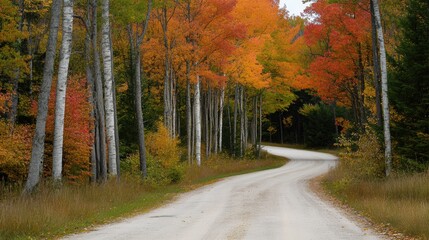 Fototapeta premium A dirt road surrounded by trees with autumn leaves on the ground, AI