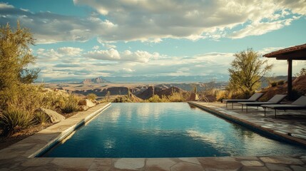 Fototapeta premium Luxurious swimming pool in a desert landscape, ai