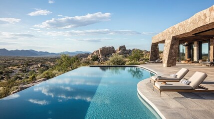 Fototapeta premium Luxurious swimming pool in a desert landscape, ai
