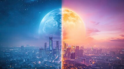 Obraz premium A city divided by night and day, one half lit by renewable energy and the other by traditional power