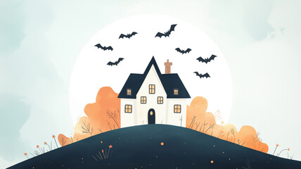 Spooky haunted house on a hill, cartoon style, water color, detailed, bats flying in the moonlit sky