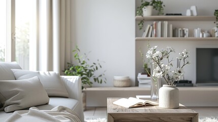 Neutral Scandinavian Living Room Design with Flowers Books and Wooden Table