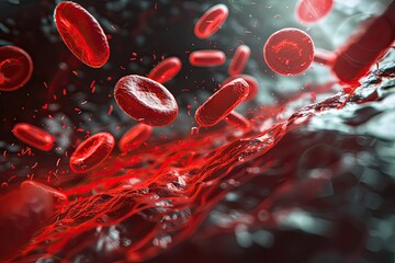 3D rendering of blood cells in a bloodstream, showing erythrocytes and leukocytes in motion