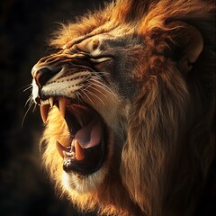 close-up image of a lion's head. The lion has a thick mane, and its expression is calm and majestic, showing off the fine details of its fur and features.
