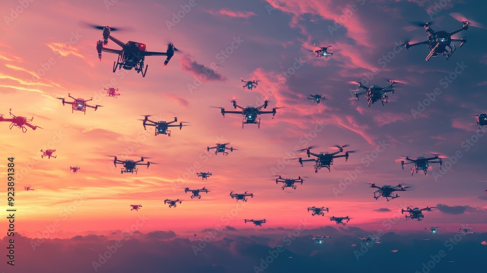 Fototapete An AI-powered drone swarm creating intricate patterns in the sky, symbolizing precision and coordination, flat design illustration