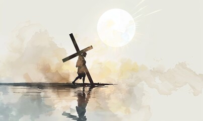 Jesus carrying the cross, on a soft white background, in the style of watercolor, with a white and beige color palette a large round sun in the sky, Jesus' 