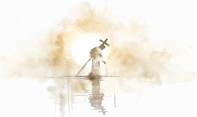 Jesus carrying the cross, on a soft white background, in the style of watercolor, with a white and beige color palette using light colors, in a minimalistic, simple design, with water reflection