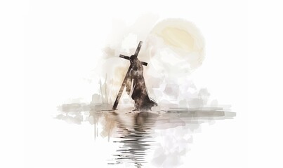 Jesus carrying the cross, on a soft white background, in the style of watercolor, with a white and beige color palette using light colors, in a minimalistic