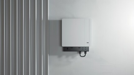 Micro inverter device for solar energy conversion in an industrial setting on a white wall with space for text