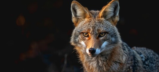 Fototapeta premium Jackal with intense gaze. A close-up portrait of a jackal with a focused expression against a dark background. Perfect for wildlife photography or animal portraits. Photography, horizontal format. 
