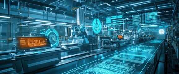 Obraz premium Futuristic factory with digital displays and a glowing conveyor belt.