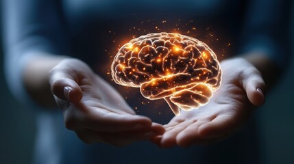 A glowing, digital brain suspended above cupped hands represents the merging of technology and human cognition.

