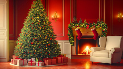 Evening atmosphere at home Christmas tree, fireplace with red stockings and gifts