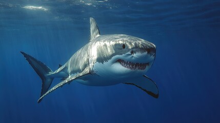 big great white shark in deep water