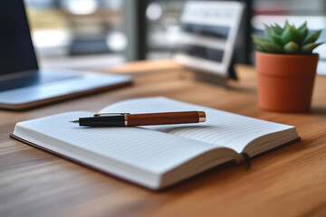 An open notebook with a pen lying on top of it, a laptop and a potted plant in the background. Generated by AI.