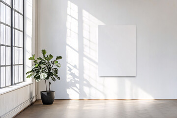 Sunlit empty loft with parquet floors, large windows, and minimalist interior design