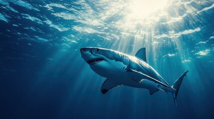 Fototapeta premium big great white shark view from bottom